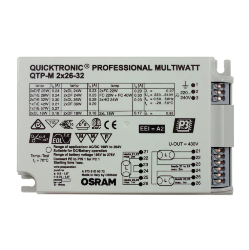 OSRAM QTP-M 2X26-32 Electronic Ballast, Dual-Lamp Electronic Control Gear for 26W and 32W Fluorescent Lamps, Compact and Long-lasting Power Supply
